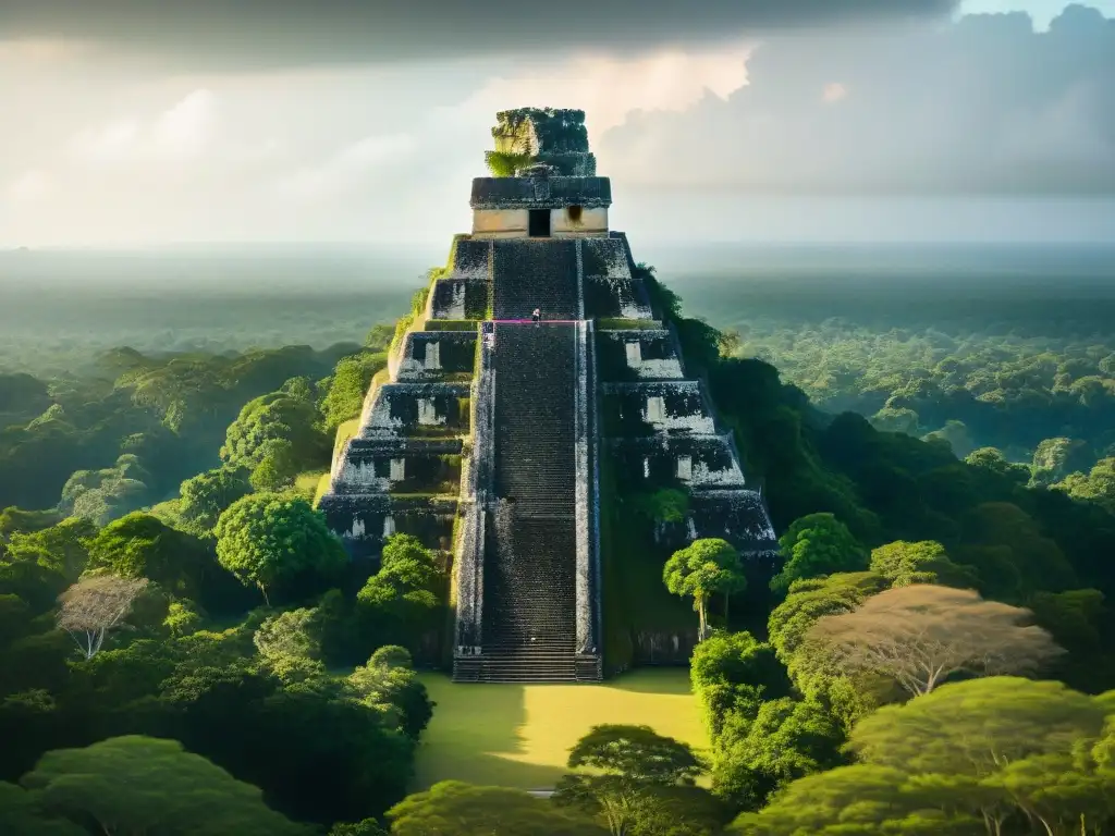 Ruinas de Tikal y Calakmul en la exuberante selva guatemalteca, mostrando la grandeza y maestría arquitectónica de estas antiguas ciudades mayas