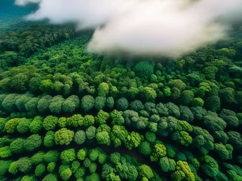 Rutas comerciales antiguas en selva: vista aérea de la exuberante selva con rayos de sol filtrándose entre las hojas