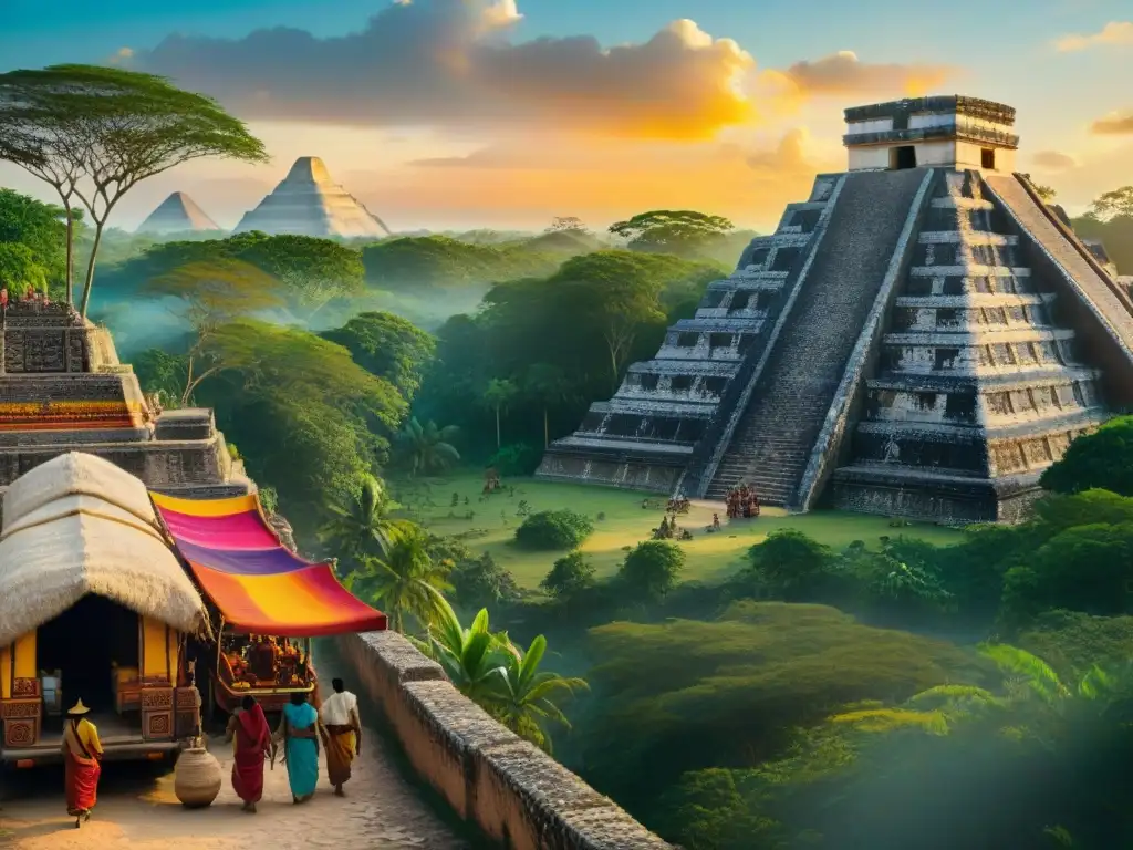 Rutas comerciales mayas conectaron culturas: Caravana maya atraviesa jungla, mercado bullicioso bajo pirámides al atardecer