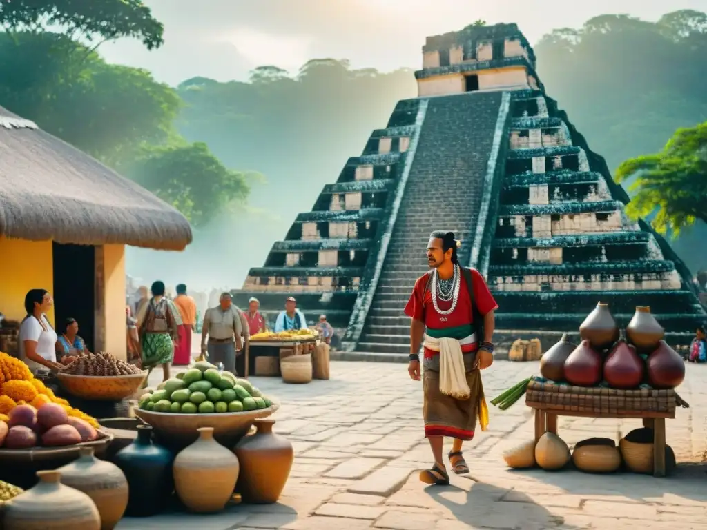 Rutas comerciales mayas turismo cultural: Mercado maya en una ciudad bulliciosa con textiles vibrantes, cerámica intricada y frutas exóticas