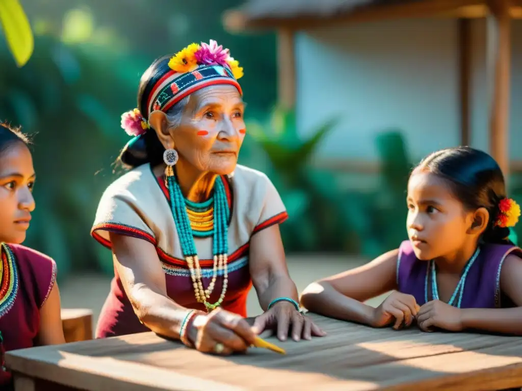 Una sabia maya enseña a niños en aula al aire libre, inmersos en actividad con textiles mayas