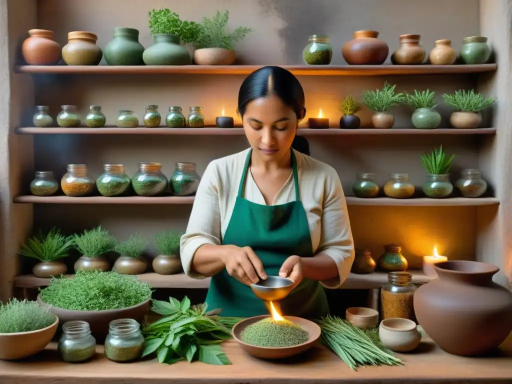 Una sabia mujer Maya prepara hierbas curativas en su cocina rústica, rodeada de aromas y tradición