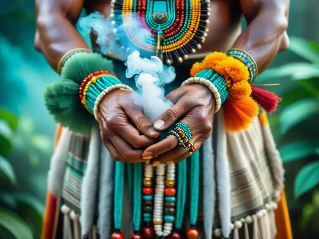Manos del chamán maya: aromas y colores ancestrales Las sabias manos de un chamán maya con pulseras coloridas, sosteniendo copal entre humo, en medio de la exuberante selva