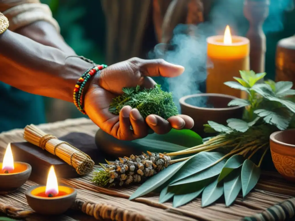 Las sabias manos de un curandero maya tradicional preparando remedios naturales en un espacio de sanación rústico y colorido