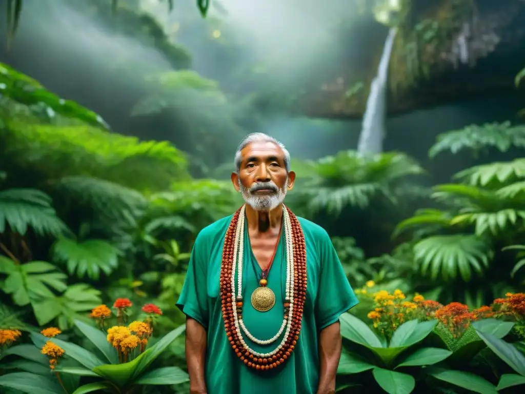 Sabiduría ancestral y biodiversidad: curandero maya rodeado de plantas medicinales en la selva