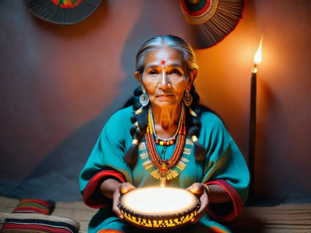 Reconexión con la sabiduría ancestral: mujer Maya con cabello plateado y trajes tradicionales, tocando tambor