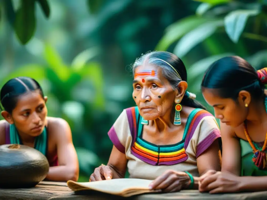 La sabiduría de una anciana maya enseñando a niños la escritura ancestral en la selva