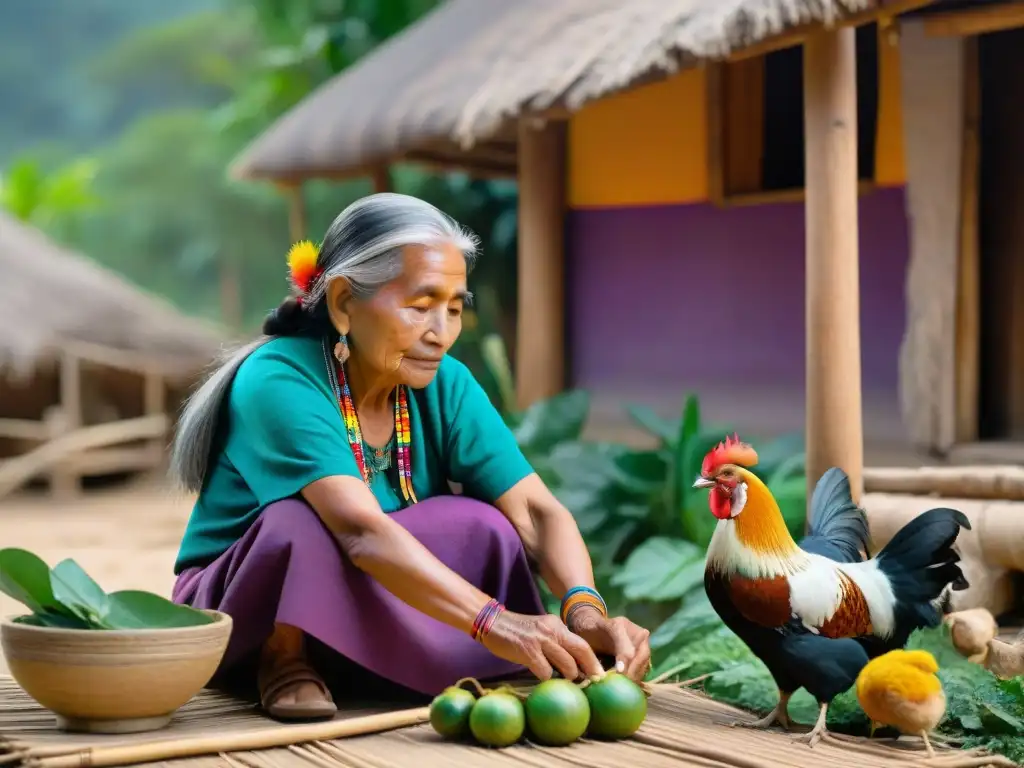 La sabiduría y la calma de una anciana maya tejiendo un textil colorido, rodeada de naturaleza y gallinas