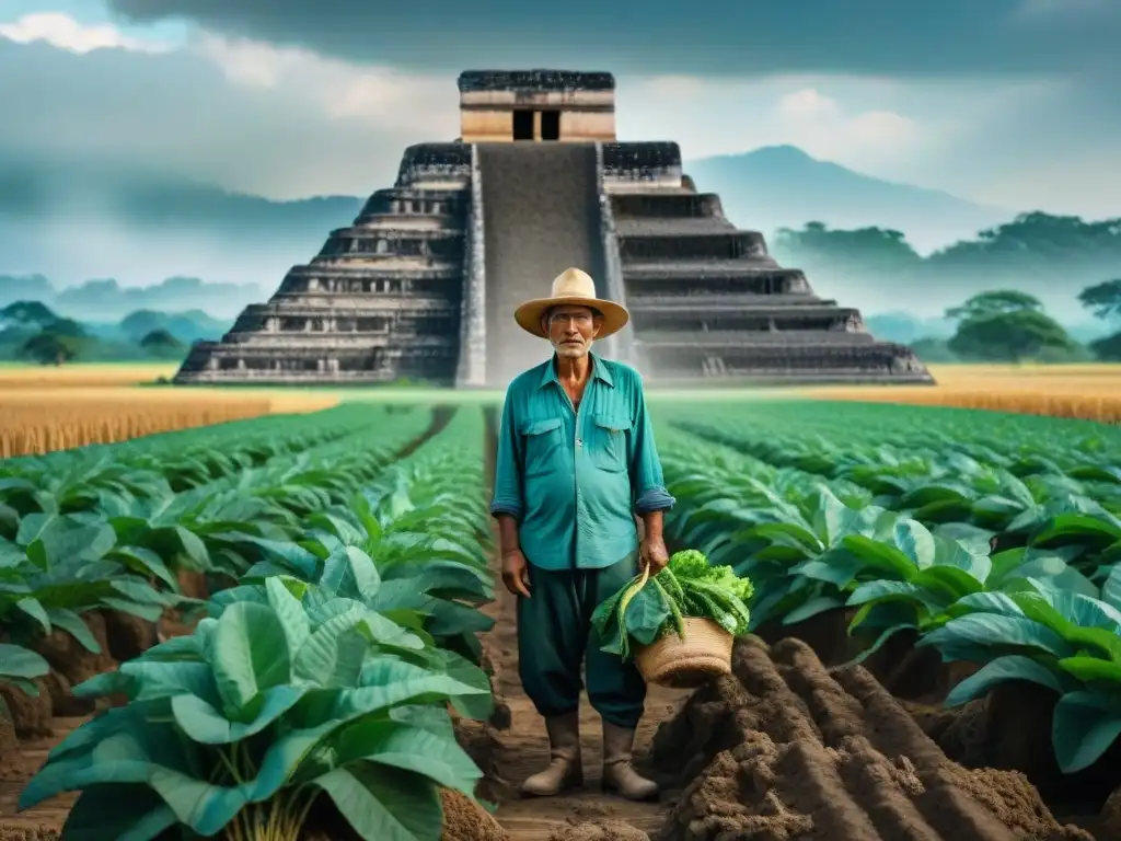 Un sabio agricultor maya cuida sus cultivos en sequía, junto a ruinas antiguas, reflejando la lucha contra el cambio climático