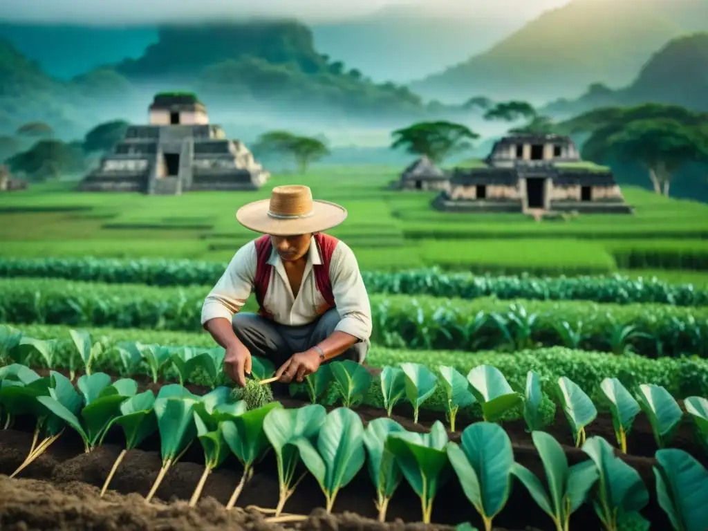 Un sabio agricultor maya siembra semillas en campo verde bajo el sol, rodeado de ruinas y naturaleza