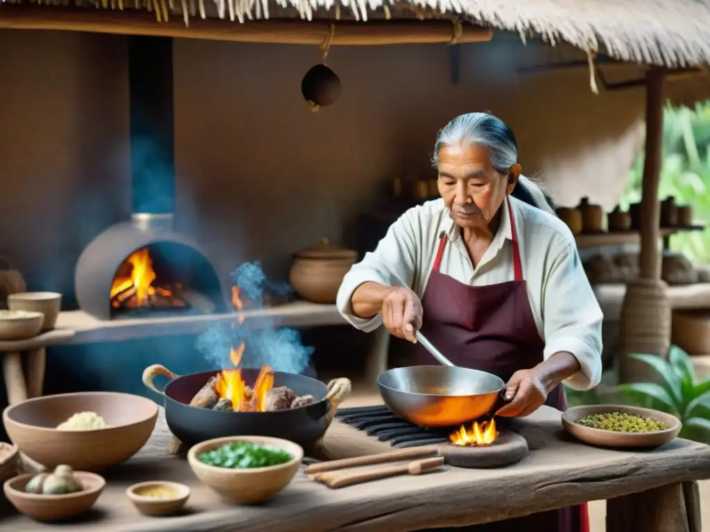 Un sabio anciano maya prepara una receta ancestral en cocina rústica al aire libre