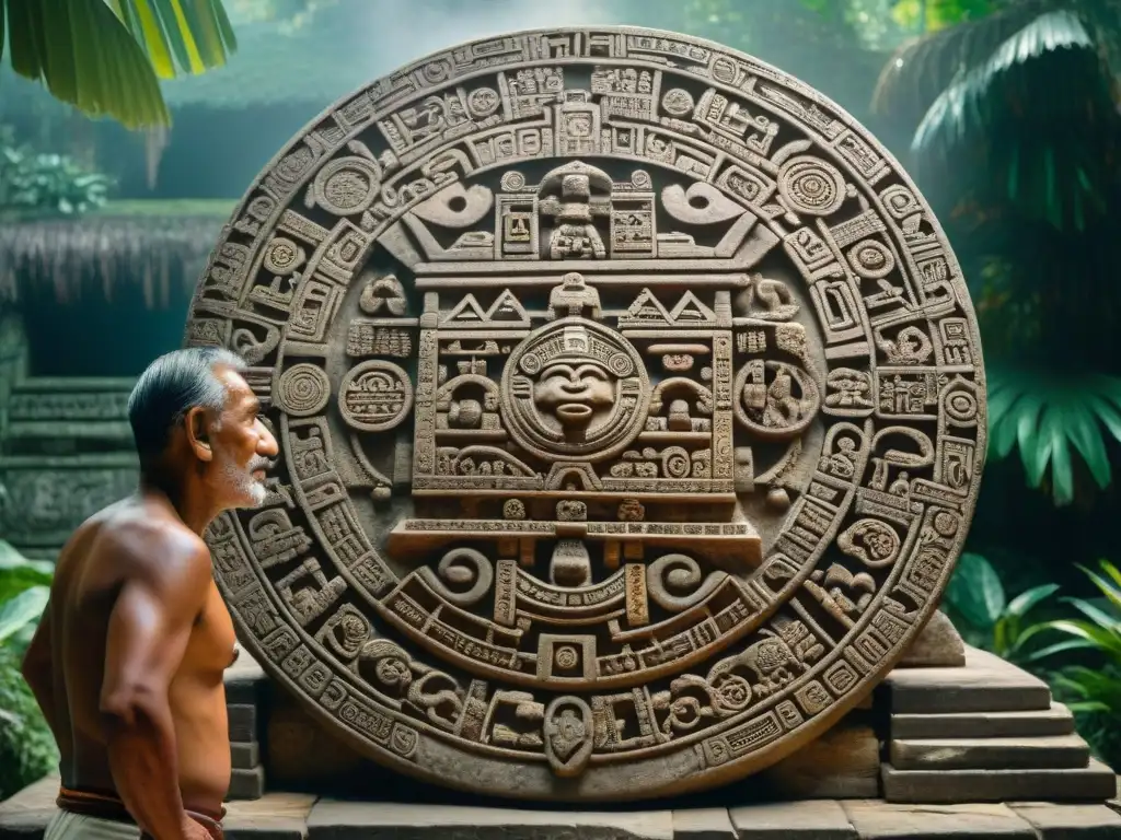 Un sabio anciano maya talla cuidadosamente glifos en un calendario de piedra, rodeado de ruinas y vegetación exuberante