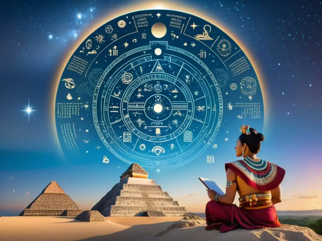 Un sabio astrólogo maya estudia el cielo estrellado, rodeado de glifos antiguos y símbolos, con las pirámides mayas al fondo