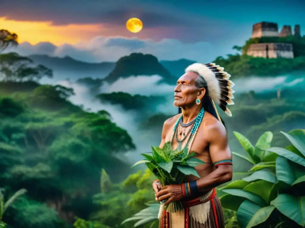 Chamán Maya en la selva con hierbas curativas Un sabio chamán maya en la selva, conectado con el cosmos mientras sostiene plantas medicinales
