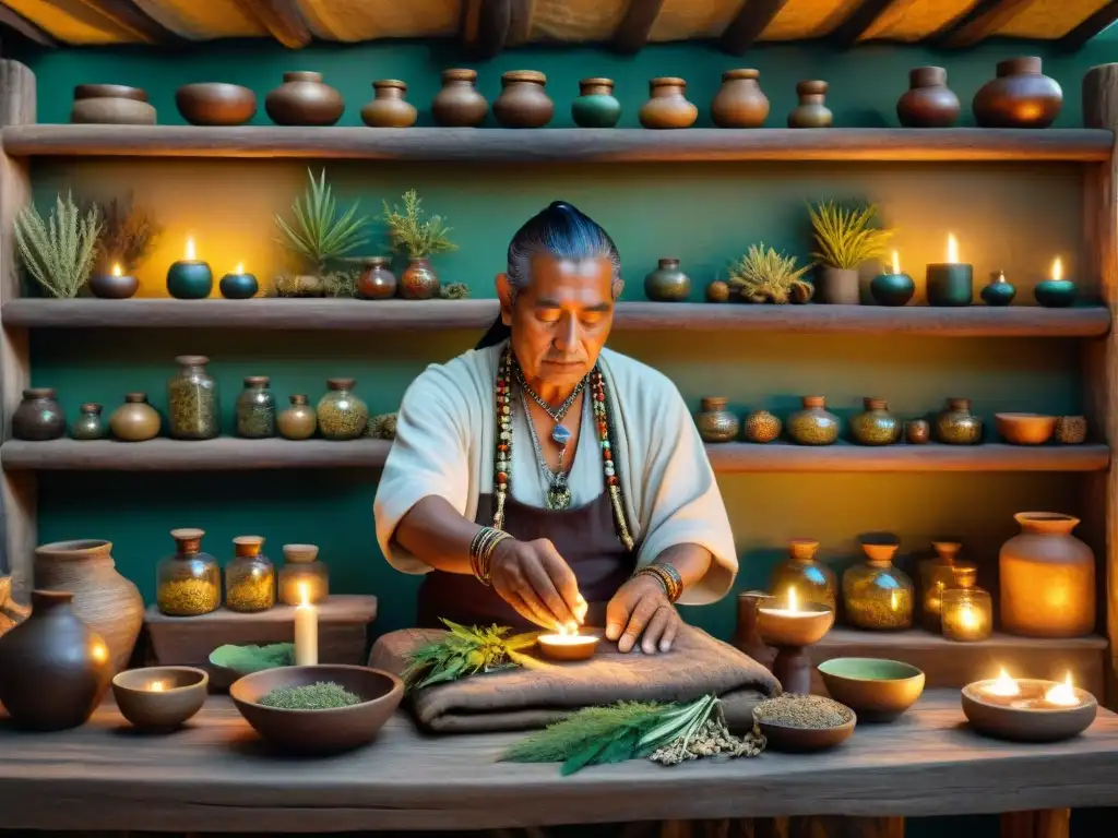 Un sabio curandero maya prepara una medicina con hierbas en un rústico ambiente iluminado por velas