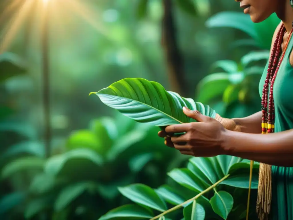 Un sabio curandero maya recolectando plantas medicinales en la exuberante jungla