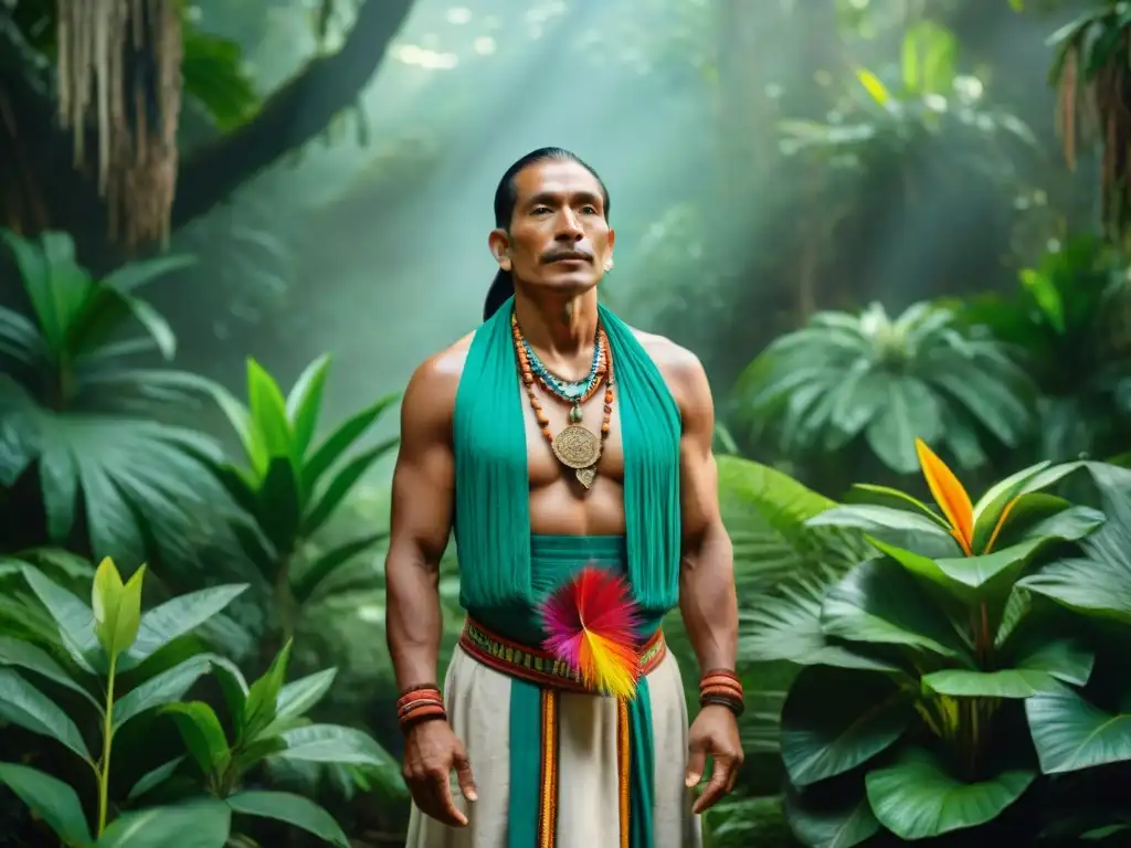 Un sabio h'men maya en la jungla, vistiendo plumas y recolectando plantas medicinales