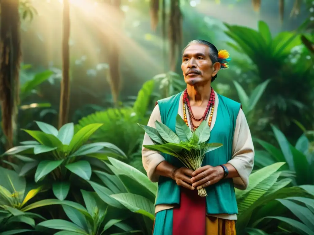 Un sabio h'men maya en la selva con plantas curativas de la herbolaria maya