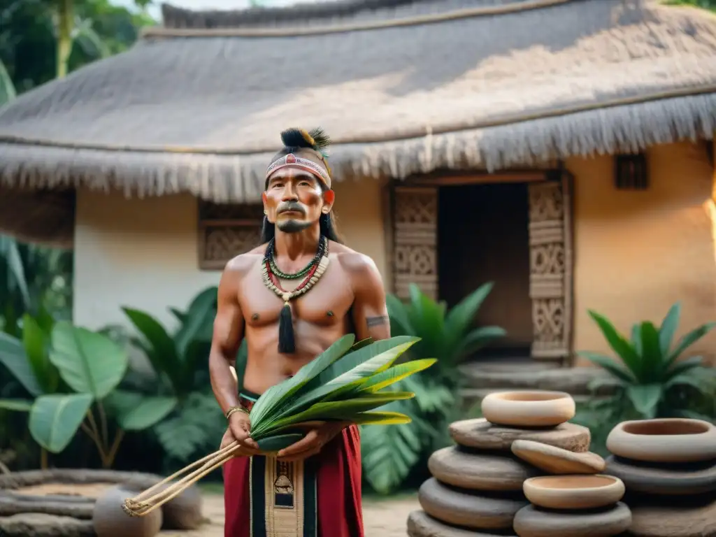 Un sabio hombre de la medicina tradicional maya, rodeado de artefactos ancestrales, en un entorno místico y sereno