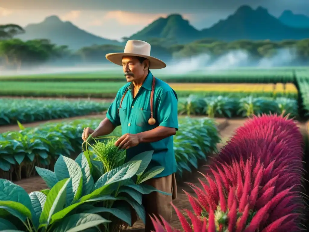 Un sabio maya cultiva amaranto bajo el sol yucateco, mostrando los beneficios del amaranto para turismo