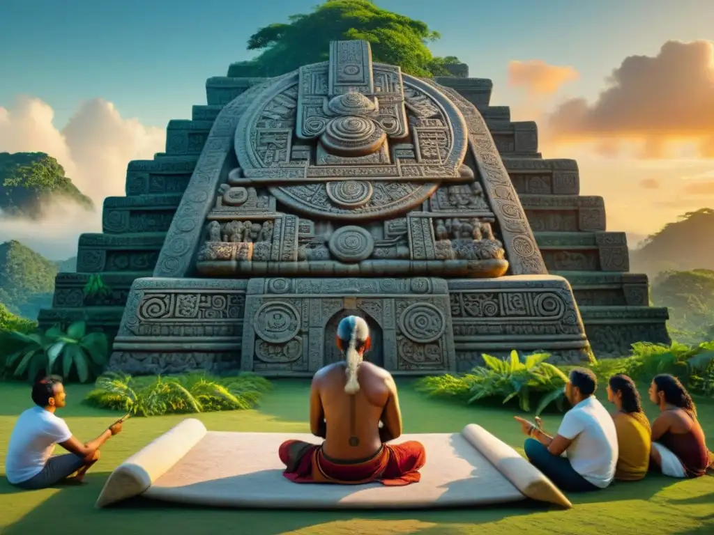 Sabiduría ancestral maya: El legado de las estrellas Un sabio maya enseña a jóvenes ante antigua tabla de piedra con símbolos celestes y patrones climáticos en la selva al atardecer