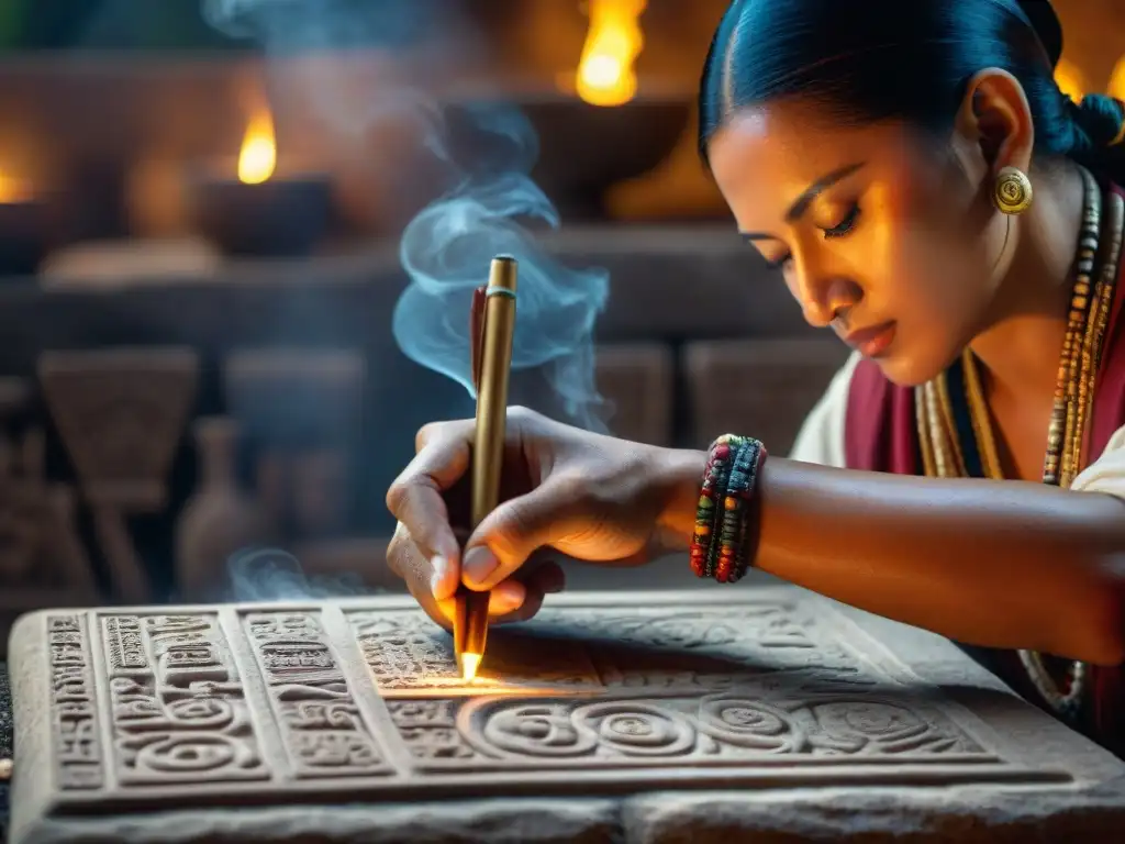 Un sabio escriba maya talla glifos en una tableta de piedra, reflejando la Escritura Maya en turismo cultural