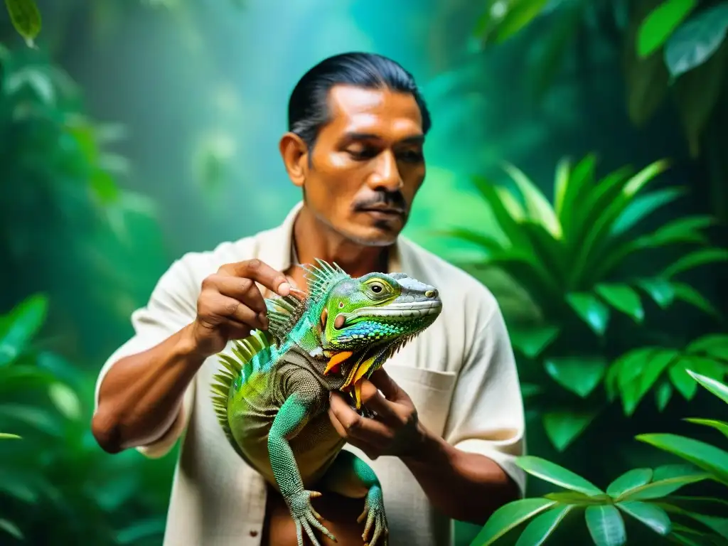 Un sabio sanador maya sostiene una iguana verde brillante mientras prepara una poción medicinal en la selva