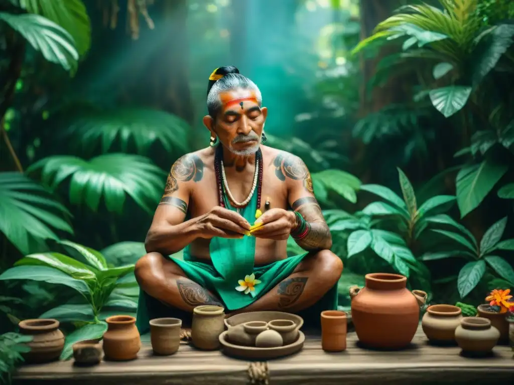 Un sabio sanador maya preparando plantas medicinales en la selva, entre la farmacología moderna