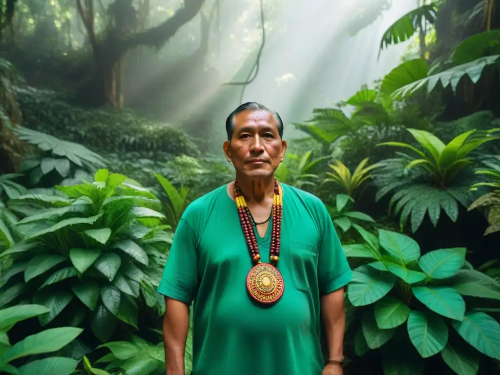 El sabio sanador maya selecciona plantas medicinales en la exuberante selva