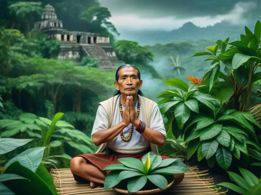 Hechicero maya preparando remedio herbal en la selva Un sabio sanador Maya elabora remedio herbal en la jungla, rodeado de plantas medicinales