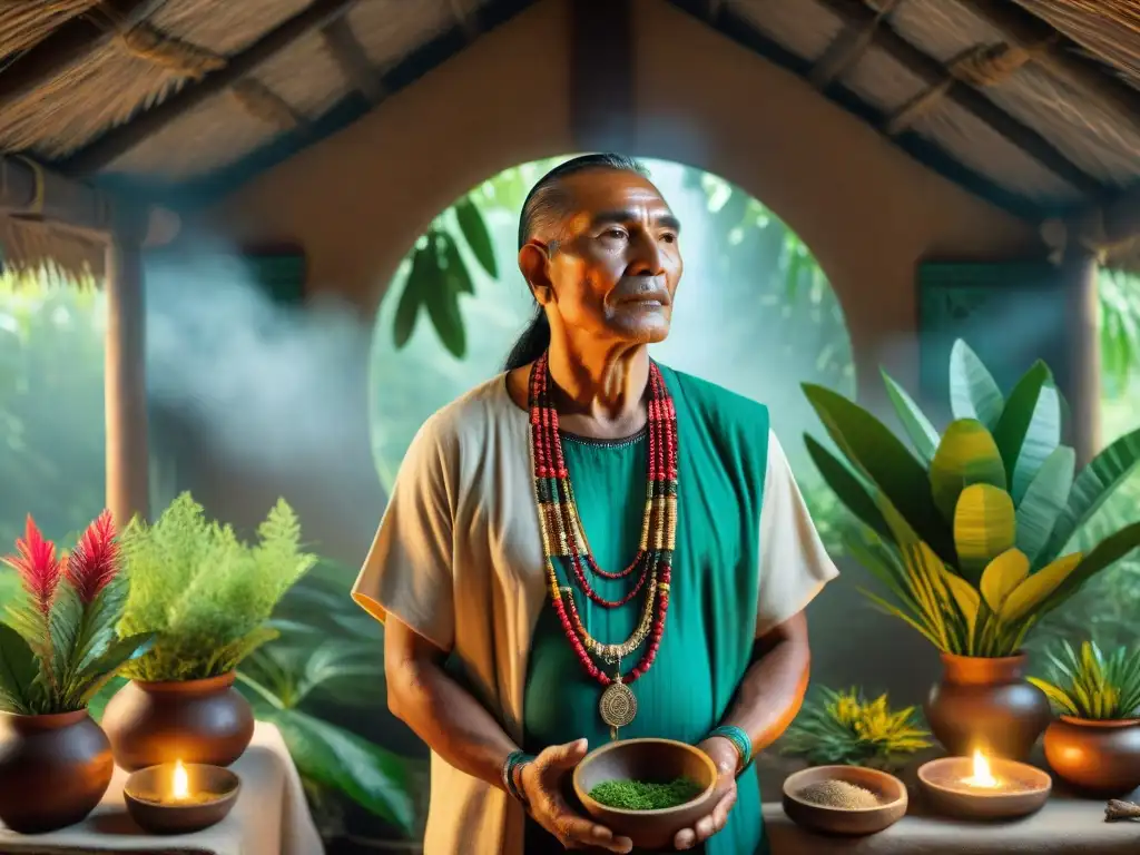 Un sabio sanador maya preparando remedios naturales en su choza, reflejando la antigua sabiduría y conexión con la naturaleza