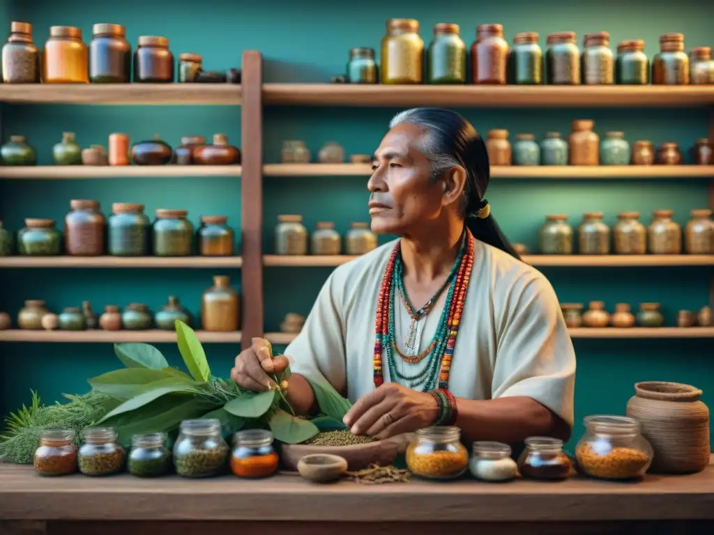 Un sabio sanador maya preparando remedios con plantas medicinales, transmitiendo el legado de 'Usos curativos plantas medicinales mayas'