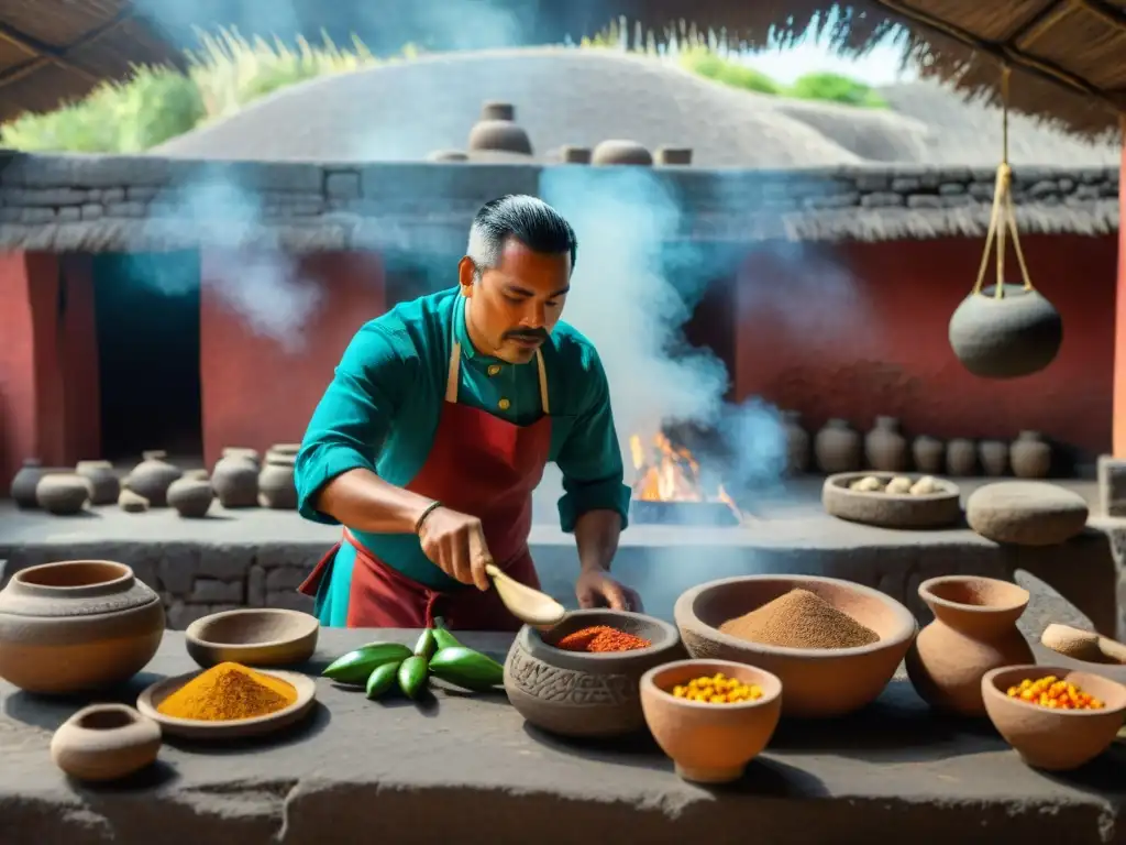 Sabores ancestrales de Teotihuacán en cocina Maya con hierbas, cacao y fuego