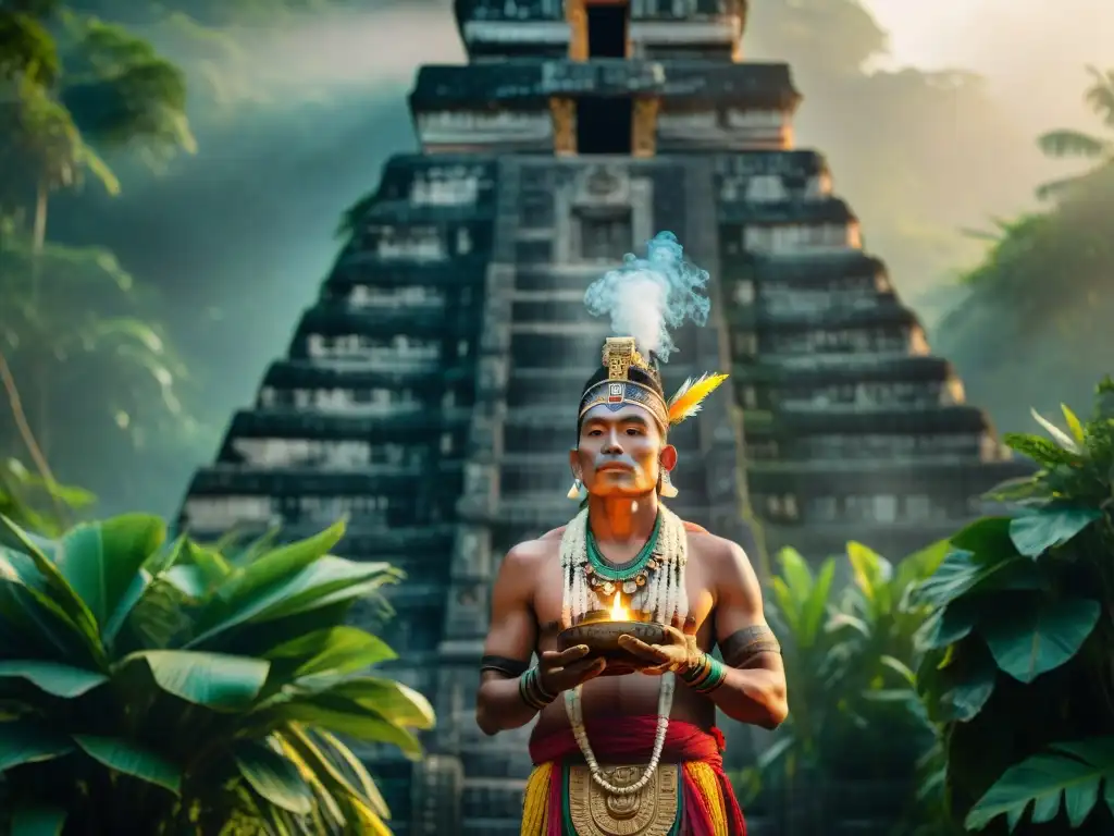 Un sacerdote maya en atuendo ceremonial frente a un templo en la selva