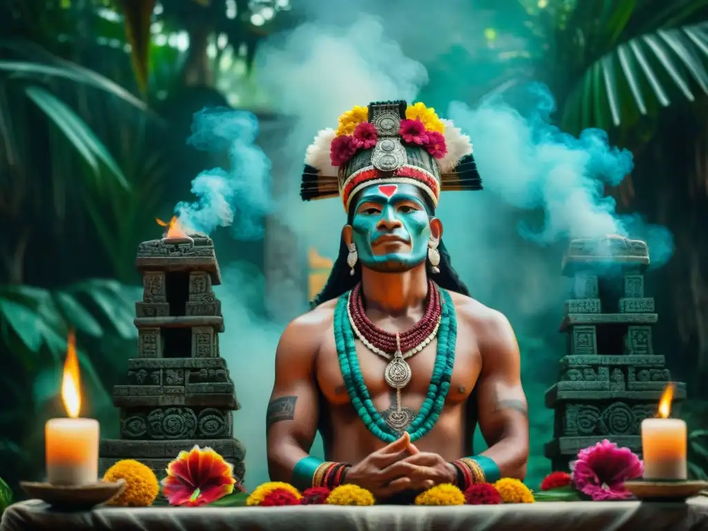 Un sacerdote maya en atuendo ceremonial, ofrendas y símbolos religiosos en un altar de piedra en la selva