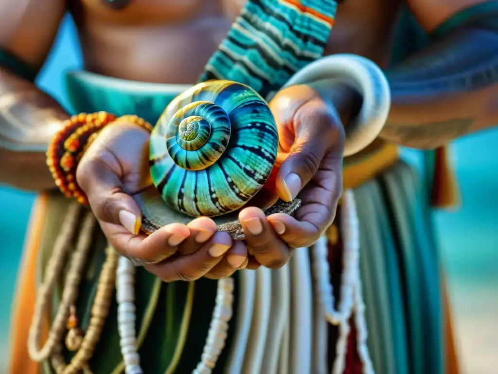 Un sacerdote maya en ceremonia con caracoles marinos, conectando con lo sagrado y la cultura ancestral