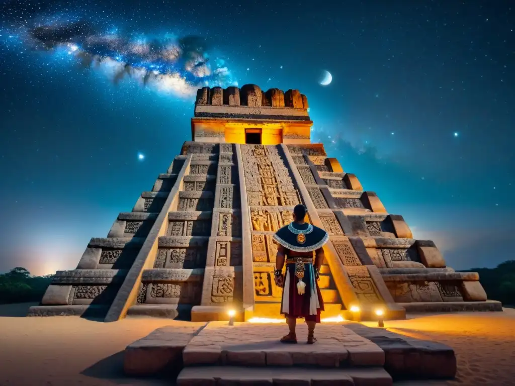 Un sacerdote astrónomo maya en ceremonia, observando el cielo estrellado desde un templo con detalles celestiales