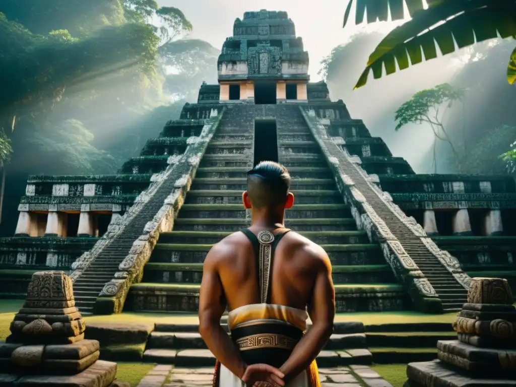 Un sacerdote maya contemplativo frente a un templo de piedra con intrincadas decoraciones, en medio de la densa selva