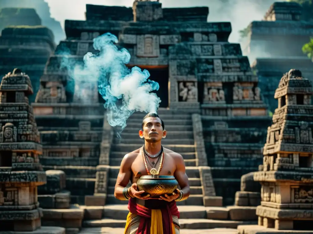 Un sacerdote maya en la cultura realizando un ritual ancestral ante un templo sagrado