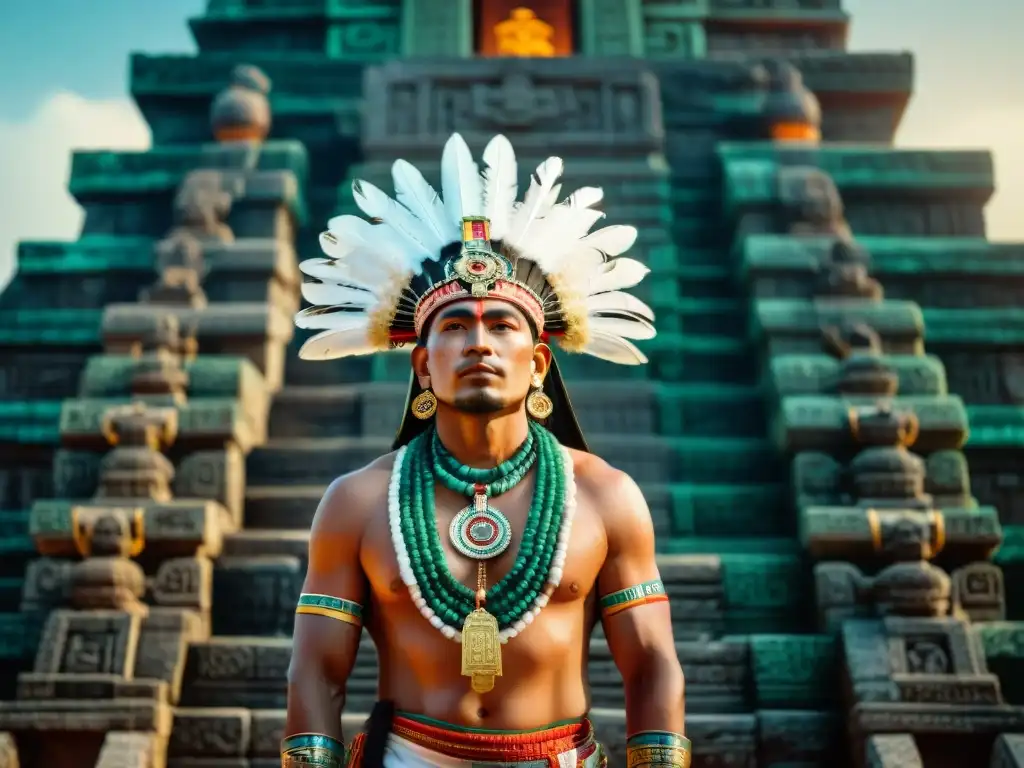 Un sacerdote maya con joyas en la civilización maya, frente a un templo de piedra al amanecer