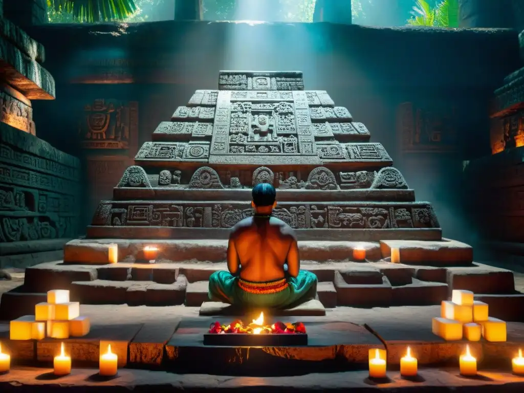 Un sacerdote maya junto a un altar detallado, iluminado por velas, con hieroglíficos y símbolos, en la selva