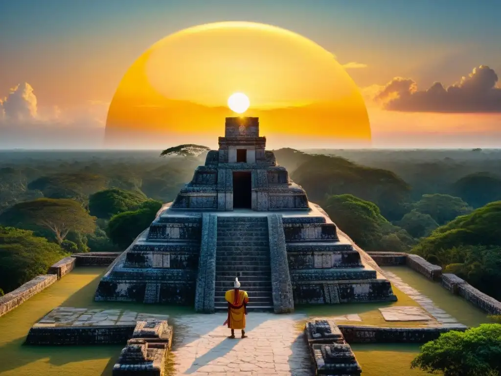 Un sacerdote maya realiza una ofrenda astronómica al amanecer en un observatorio, conectando con el Calendario maya sacrificios ofrendas astronómicos