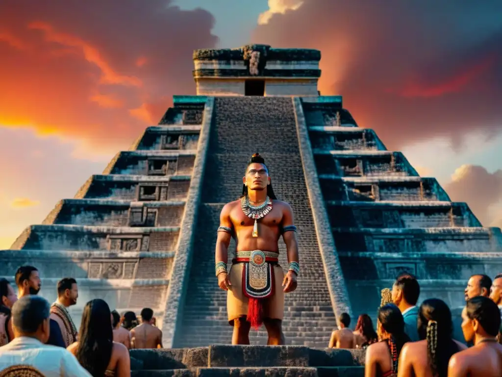 Sacrificio maya: sacerdote con daga de obsidiana en pirámide Un sacerdote maya en un ritual de autosacrificio con una hoja de obsidiana, rodeado de jeroglíficos y testigos bajo un cielo dramático al atardecer