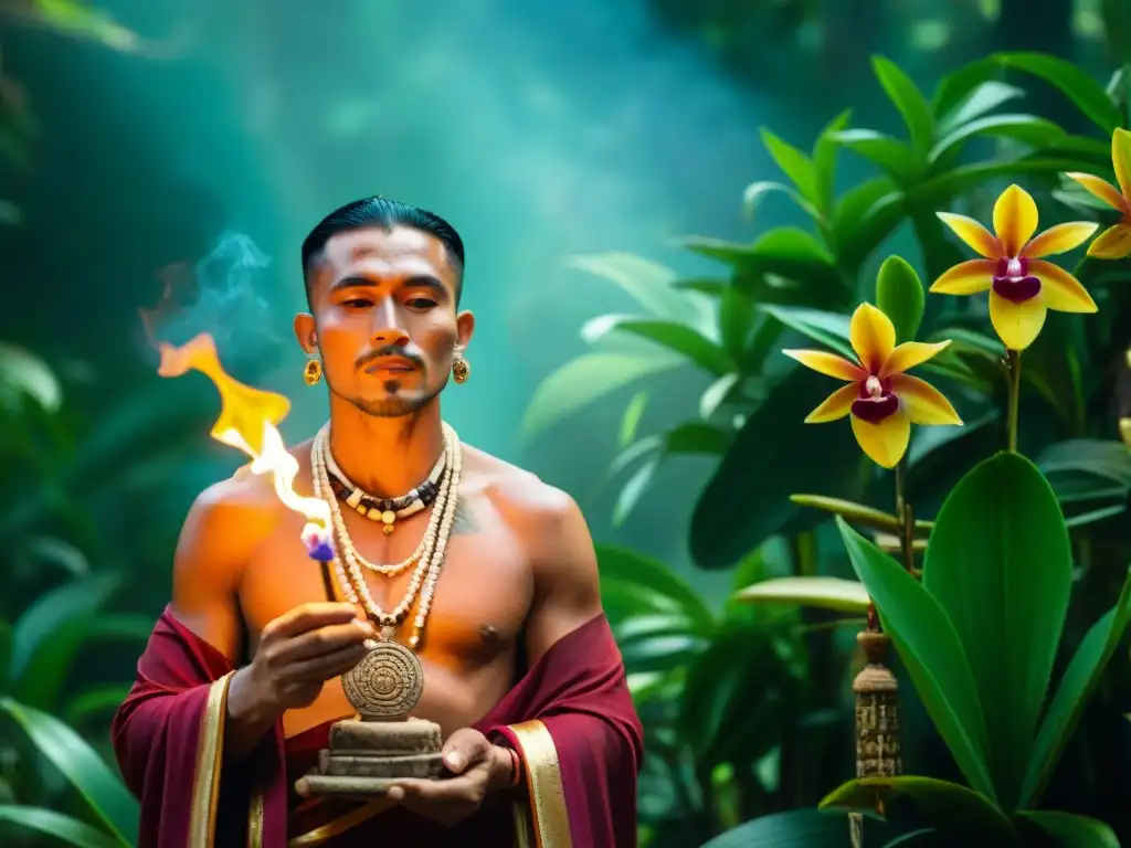 Un sacerdote maya en traje tradicional sostiene incienso copal frente a una orquídea de vainilla