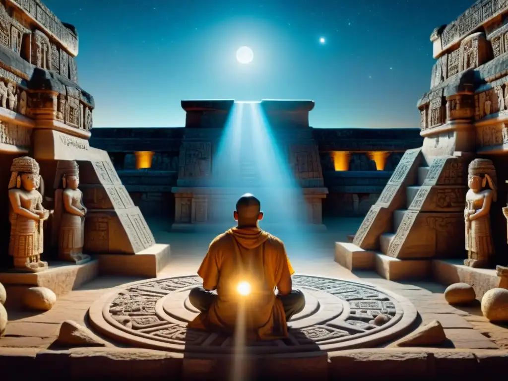 Sacerdotes mayas estudian el cielo nocturno con herramientas astronómicas en un templo de piedra iluminado débilmente, resaltando el Calendario Maya