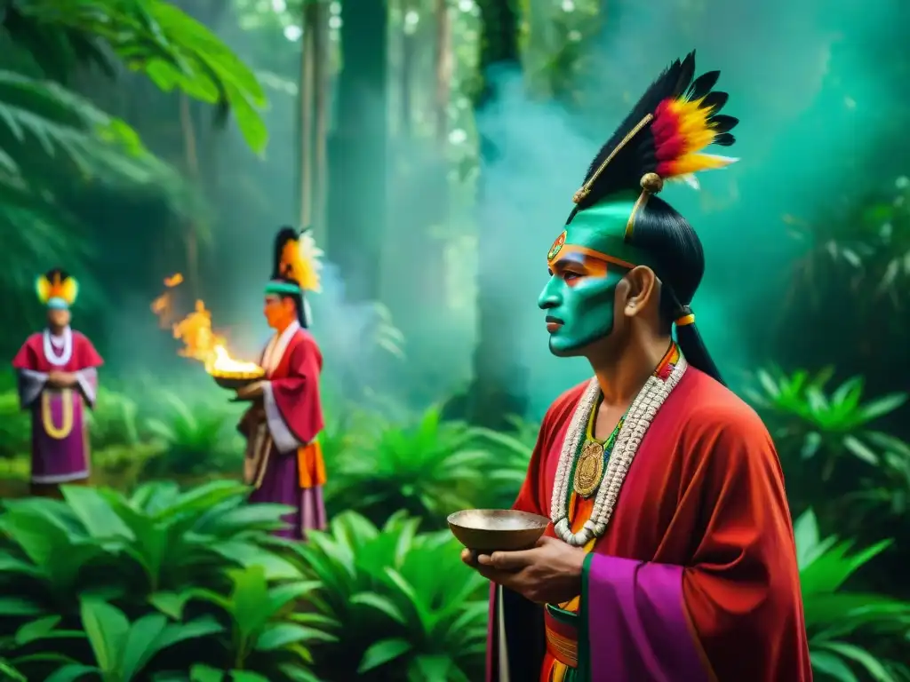 Sacerdotes mayas en la cultura: Ceremonia tradicional en la selva con trajes coloridos y danzas rituales