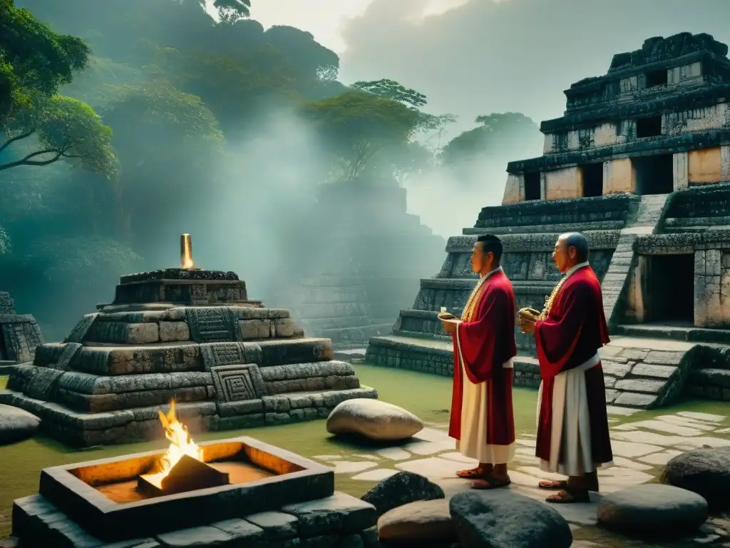 Sacerdotes mayas realizando un misterioso ritual funerario en Nakum, conectando con la cultura ancestral