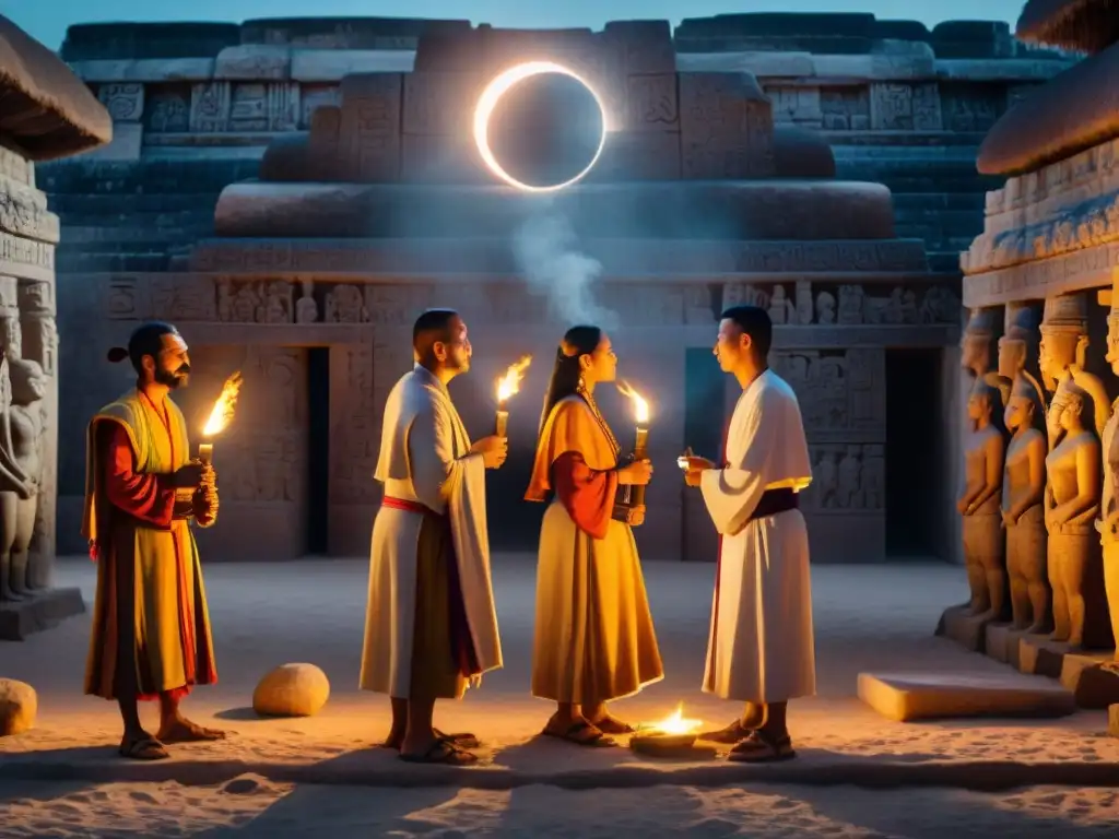 Rituales de predicción de eclipses de los sacerdotes mayas Sacerdotes Mayas en ritual de predicción de eclipses, observando el cosmos con instrumentos de piedra tallada