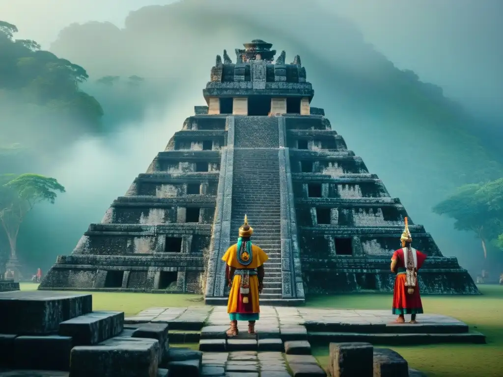 Sacerdotes mayas realizando un ritual sagrado en la cima de un templo, con neblina matutina