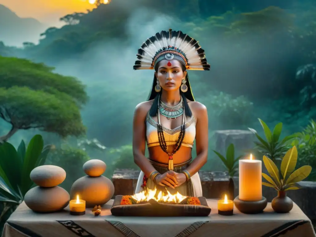 Una sacerdotisa maya en ritual de culto a la diosa lunar Ix Chel, con atuendo ceremonial y altar de piedra en la selva